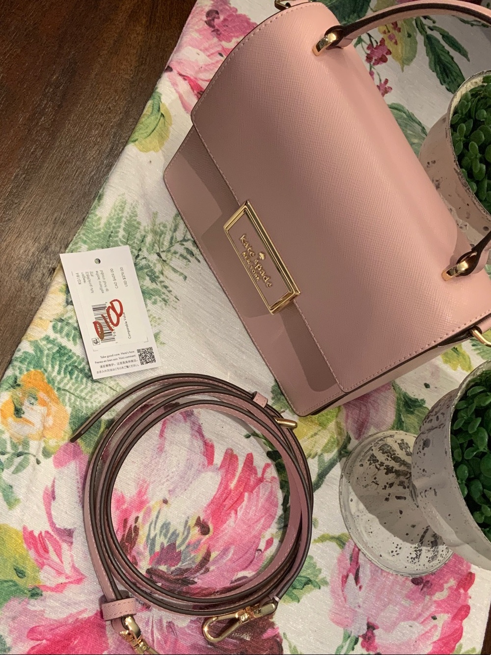 kate spade Pink Saffiano Logo Plaque Satchel with Strap